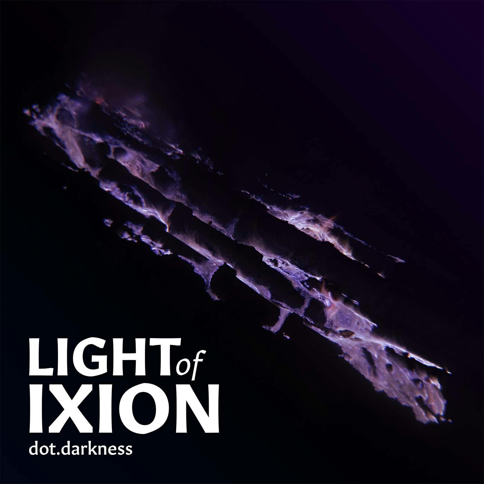 Artwork for Light of Ixion by dot.darkness. The opening of a what seems to be a crater or volcano with purple-hued flames emanating from within. The text reads "Light of Ixion by dot dot darkness".